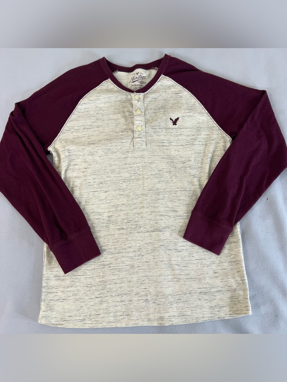 Vintage American Eagle Heritage Thermal Henley Long Sleeve Shirt L Burgundy